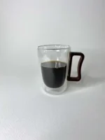 لیوان دوجداره دسته چوبی تیره موجدار